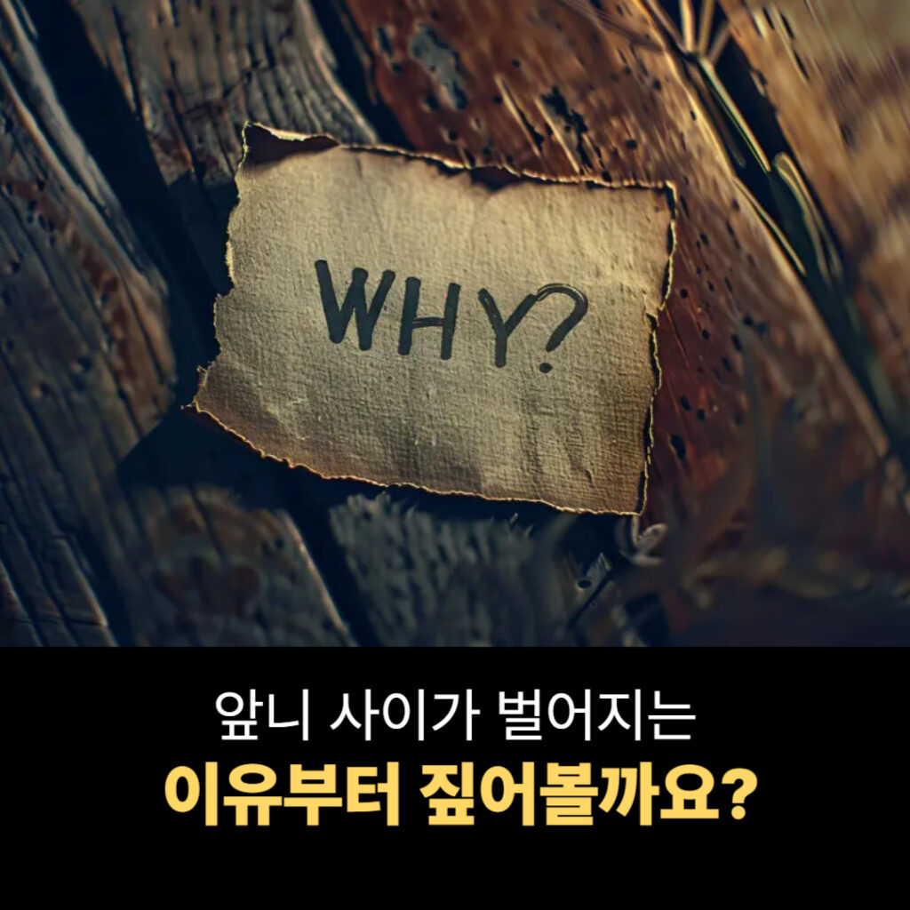 "앞니 사이가 벌어지는 원인을 묻는 WHY 이미지와 텍스트"