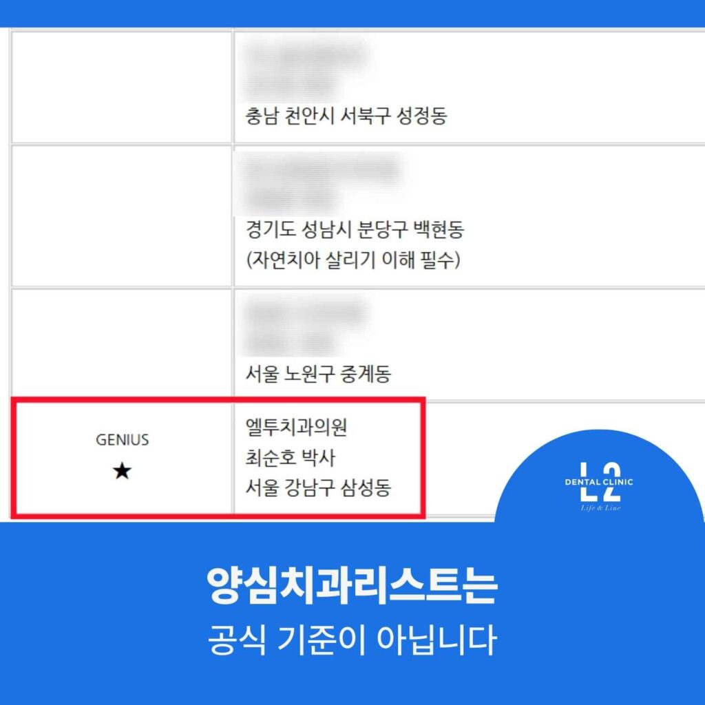 서울 양심치과리스트 표에 엘투치과의원이 포함된 화면