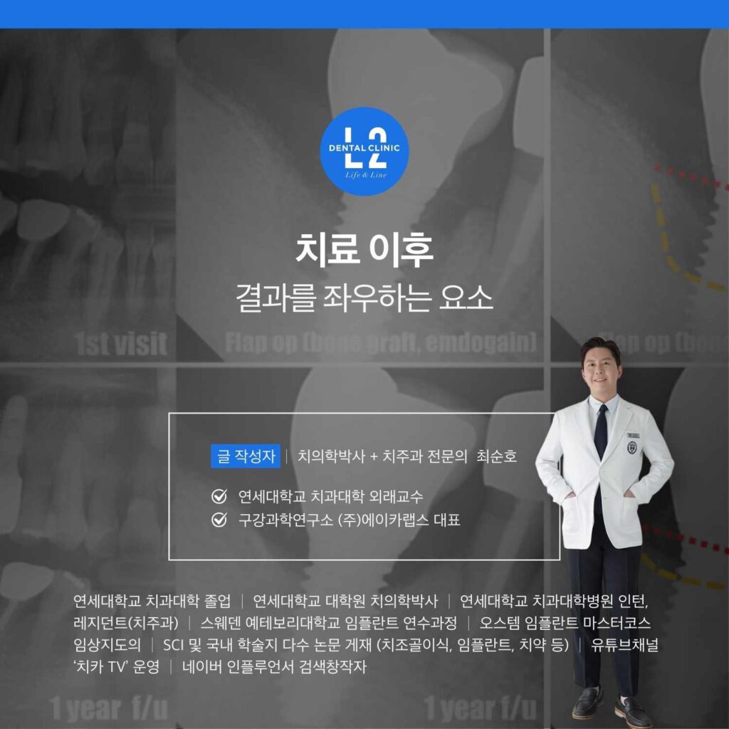 임플란트 주위염 치료 이후 결과에 영향을 미치는 요소를 정리한 이미지